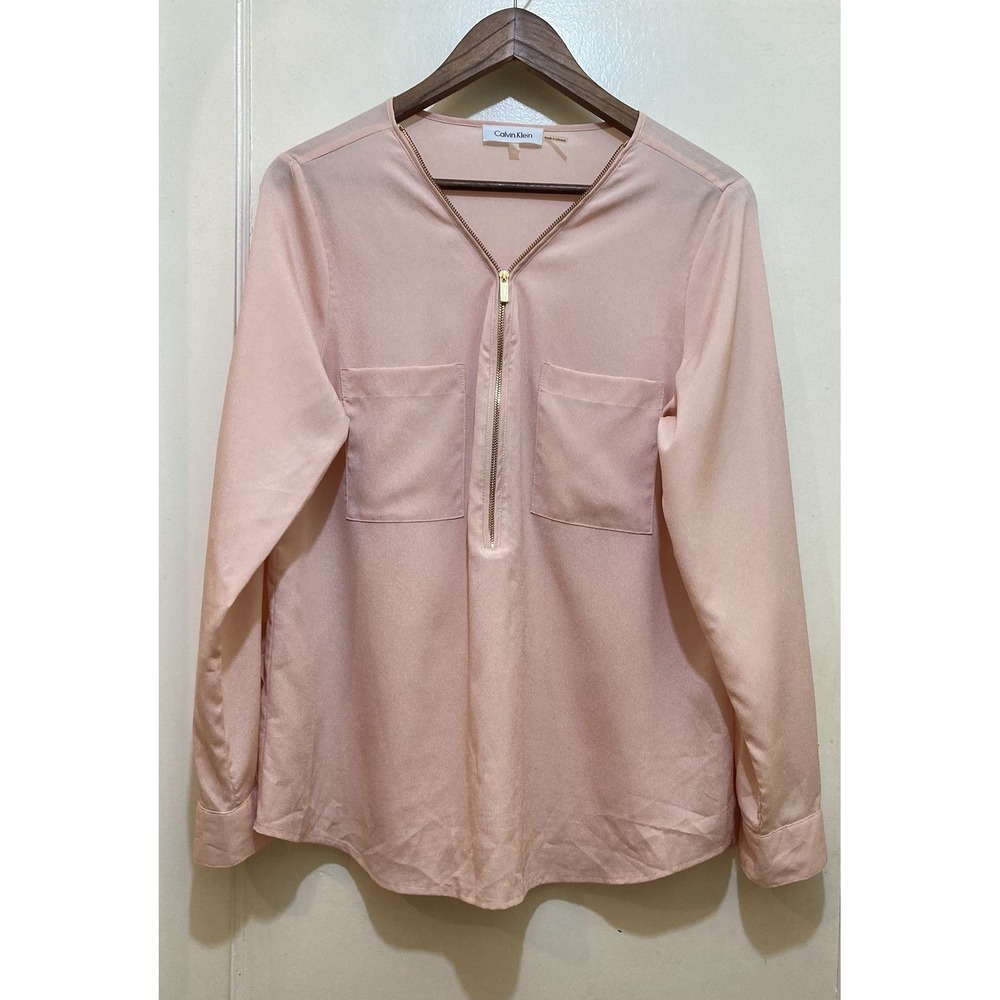 Calvin Klein Womens Top Size L Roll Tab Long Sleeve 1/2 Zip Silky Office Teacher